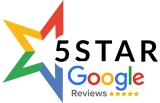 A logo features a colorful five-pointed star with segments in red, green, blue, and yellow on the left. To the right, it reads "Five Star" in bold black text. Below is the Google logo with "4.9" and five yellow stars indicating top reviews.