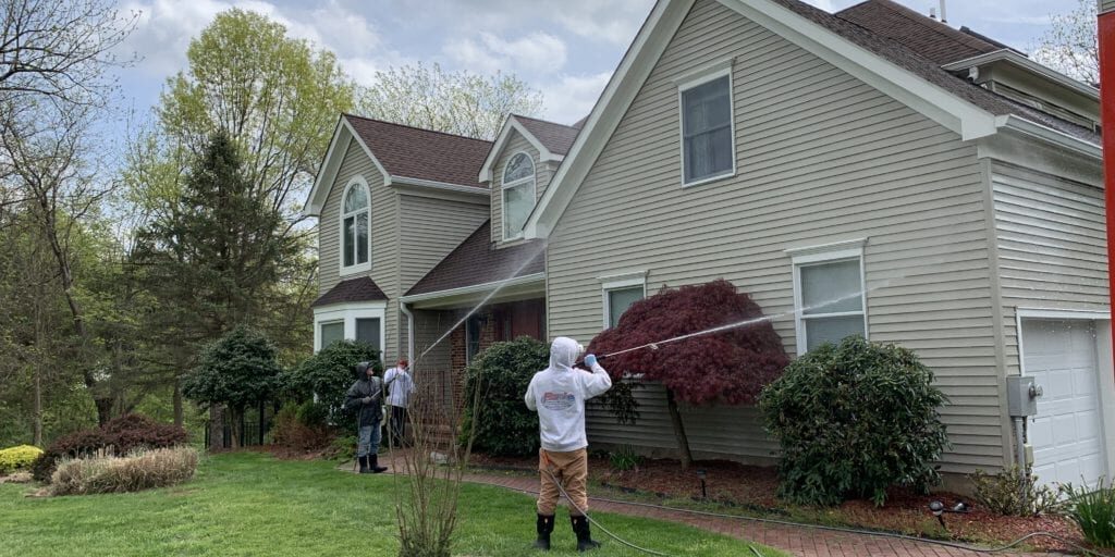 Two people are pressure washing the exterior of a beige house with brown roof shingles. One person sprays water on a red-leaved tree close to the house, while the other works nearby. The lawn is green and well-kept, with some trees and shrubs around. It's an efficient siding cleaning process.